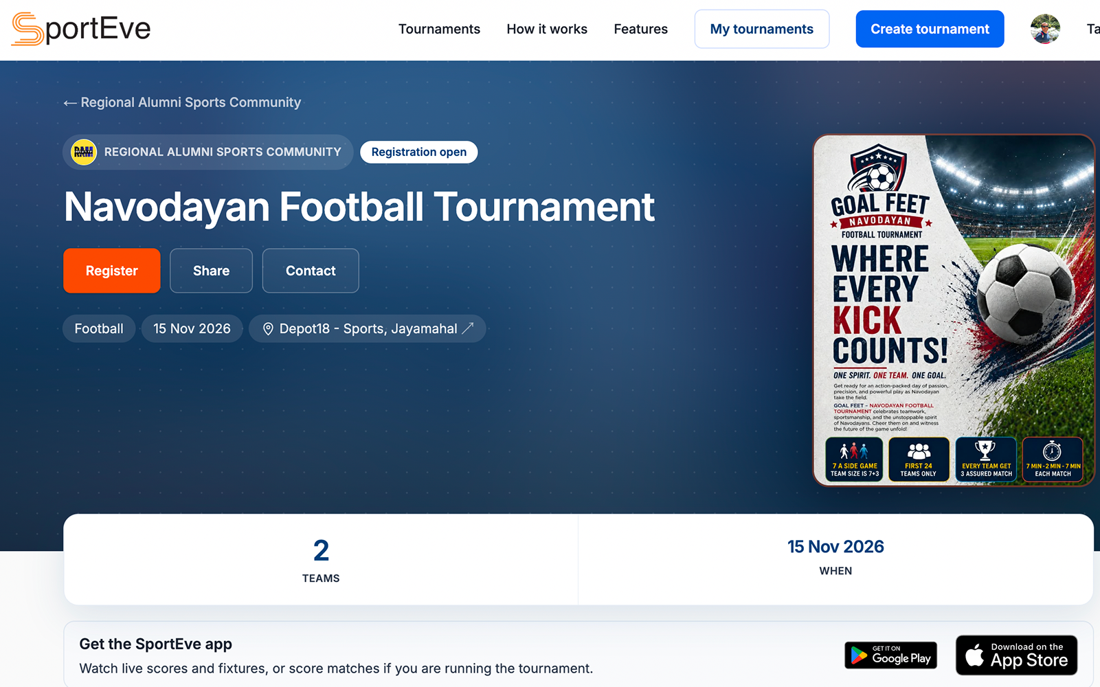 Public SportEve tournament page with registration open, poster, and event details