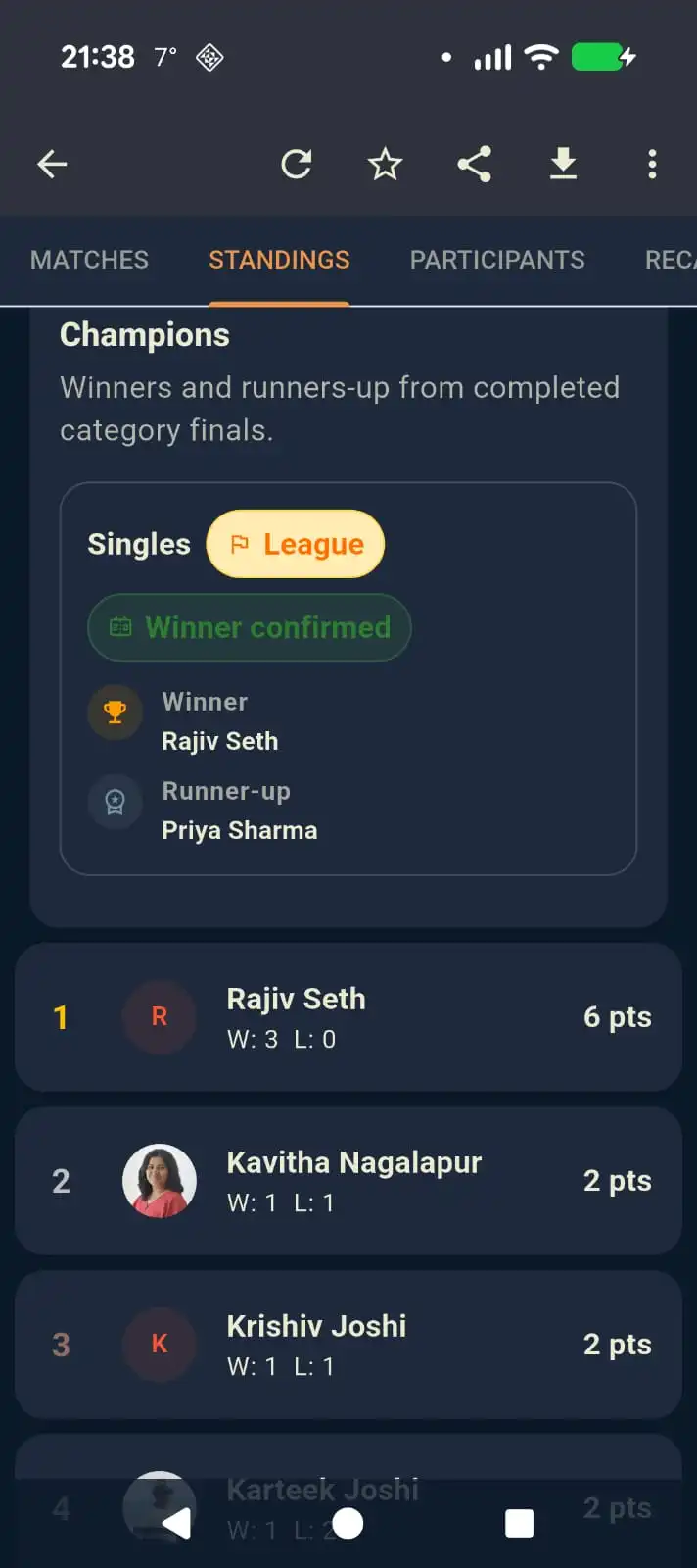 SportEve leaderboard screenshot