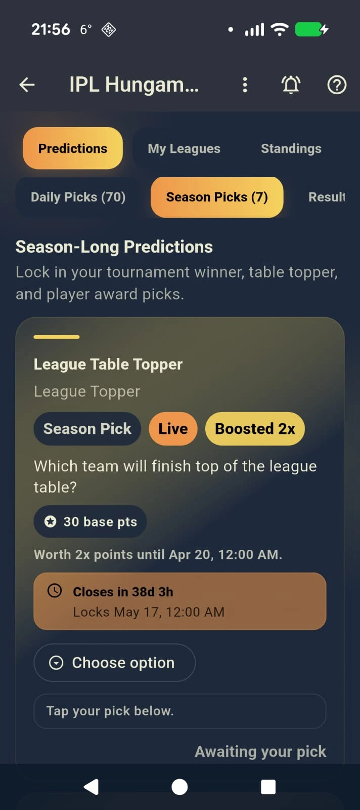 SportEve league detail screenshot