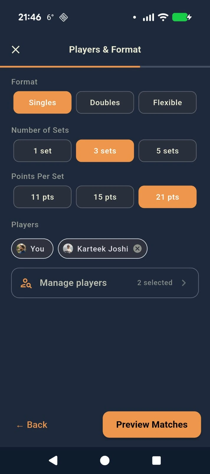 SportEve play session creation screenshot