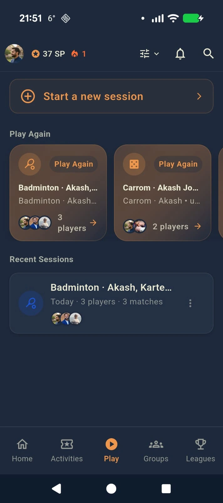 SportEve recent play sessions screenshot