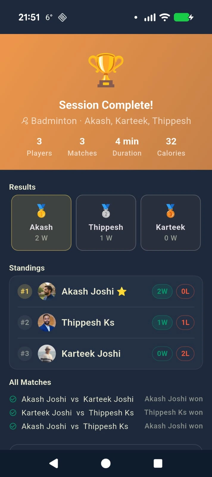 SportEve play session summary screenshot