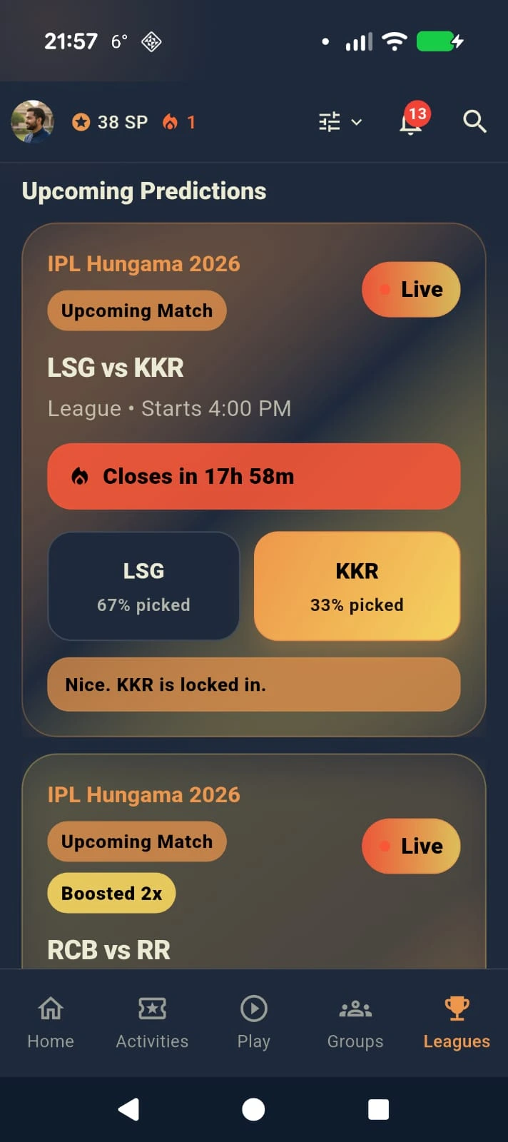 SportEve prediction submission screenshot