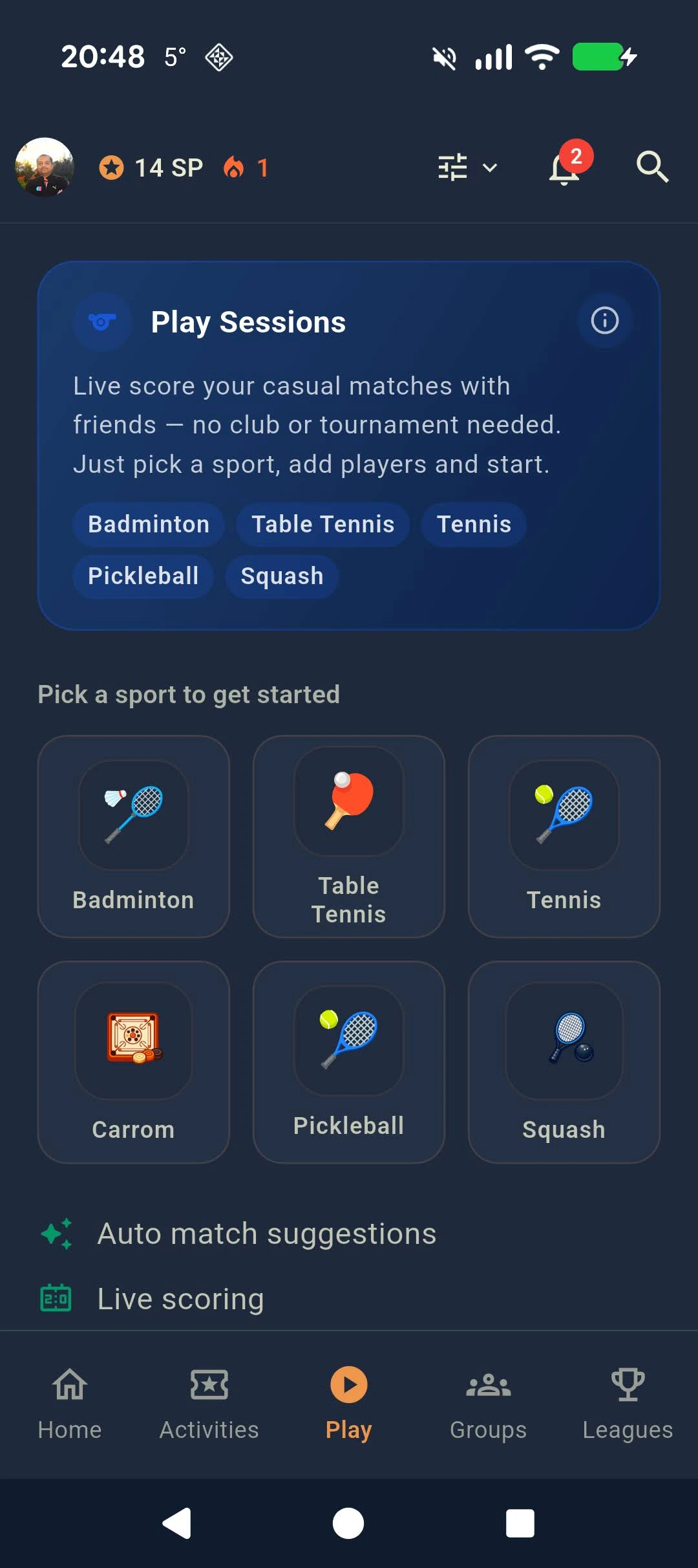 SportEve sports selection screenshot