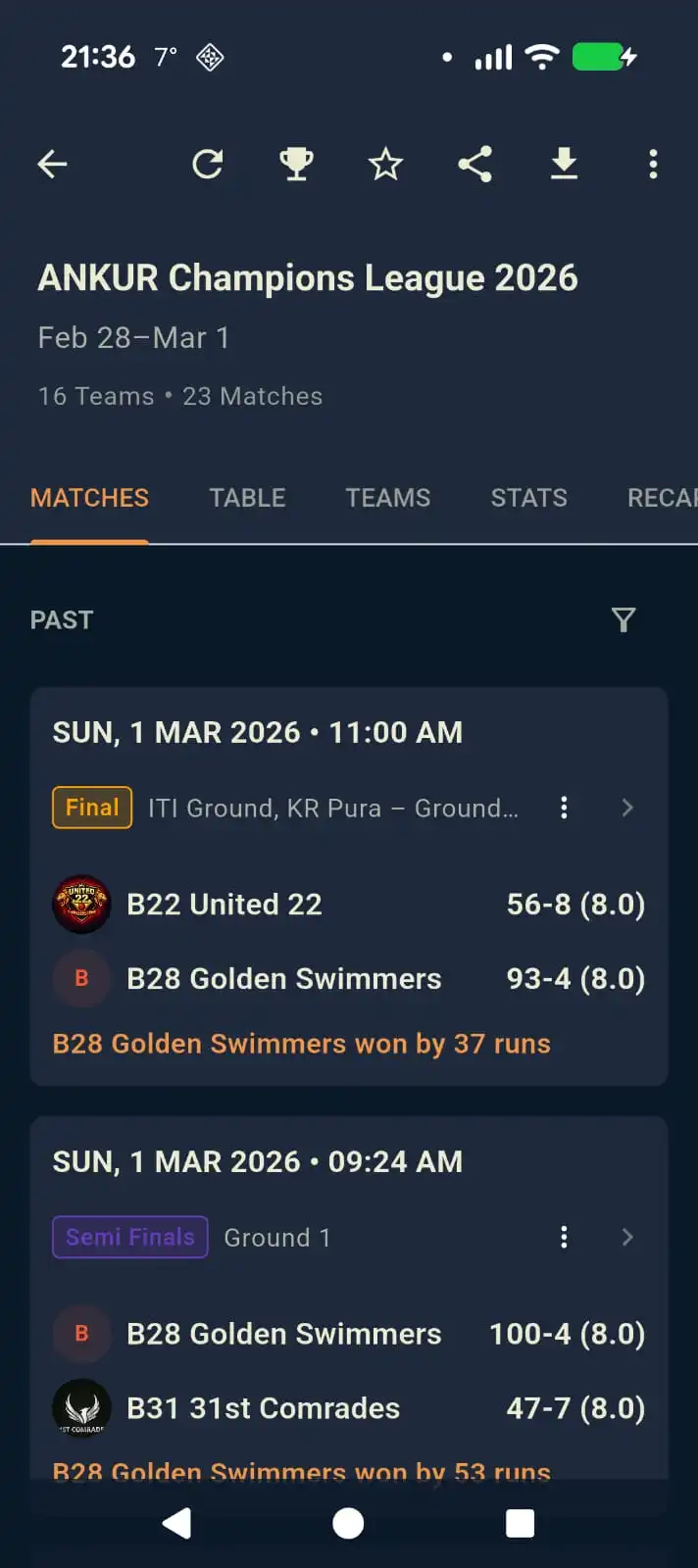 SportEve tournament detail screenshot
