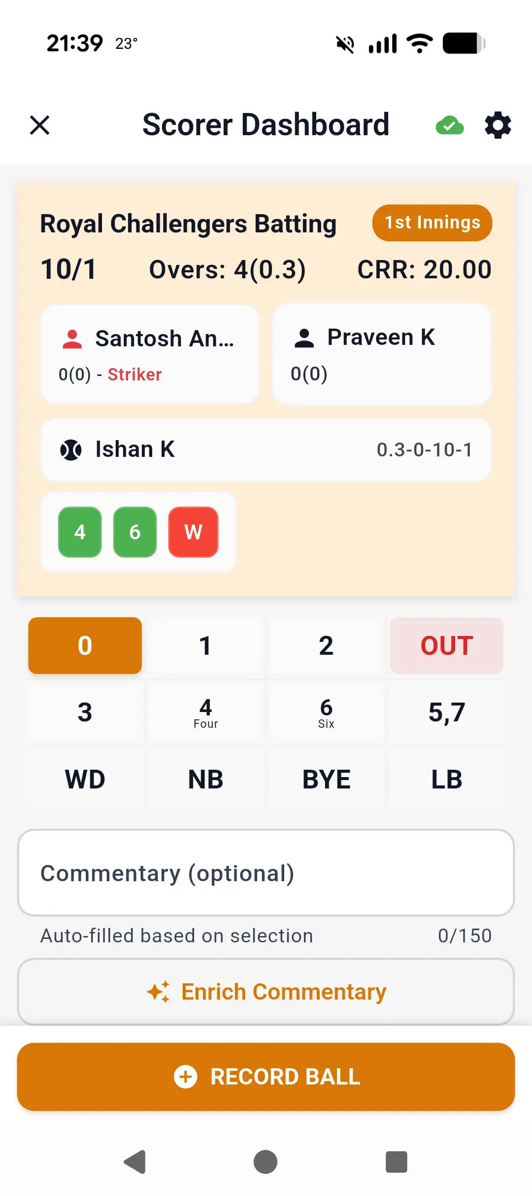 SportEve live scoring screen