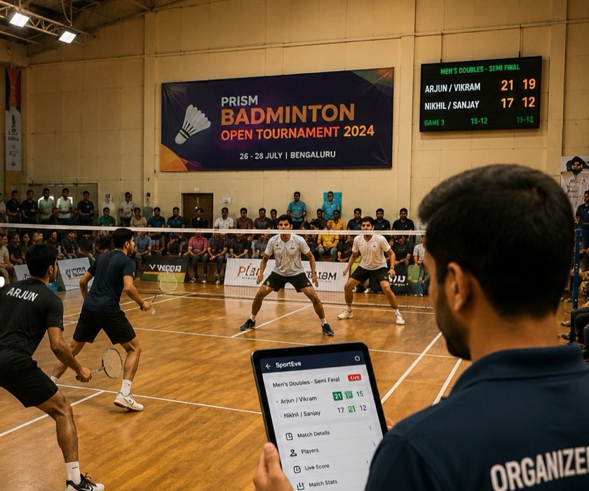 An organizer using SportEve to score a badminton tournament live on a tablet